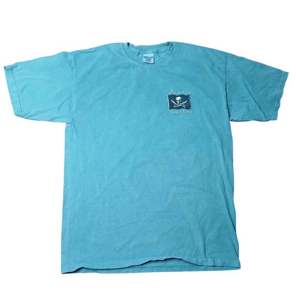 Comfort Colors Beaches Turks & Caicos Pirate Flag Graphic T-Shirt Teal Mens L